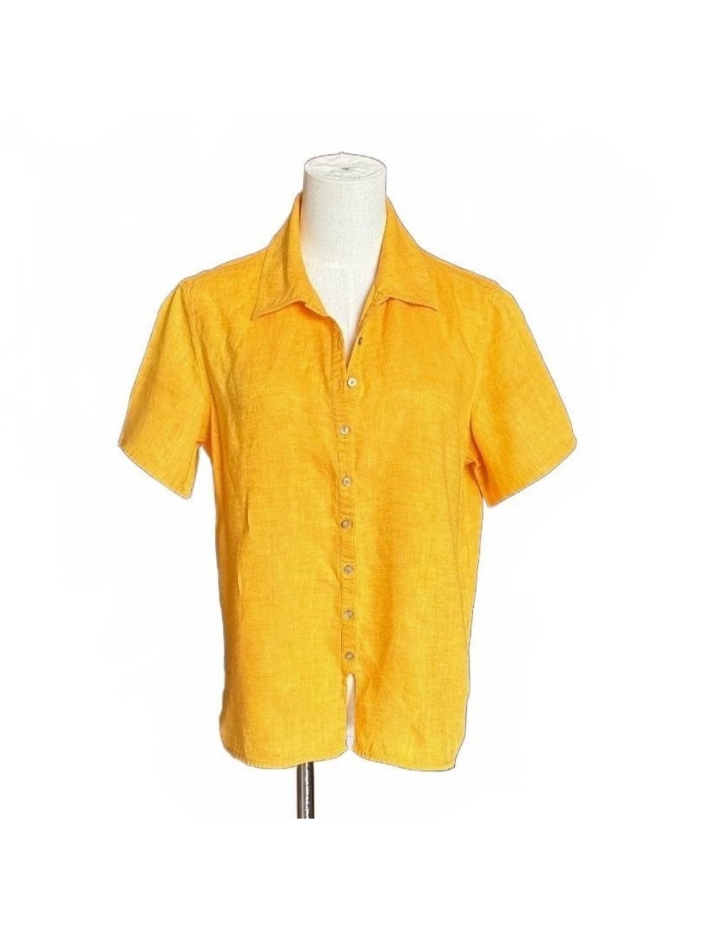J. Jill Yellow Linen Short Sleeve Button-Up Shirt, Size Small Tall
